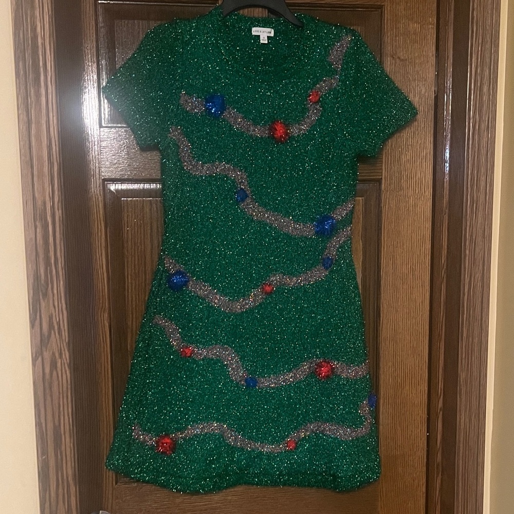 Christmas tree tinsel light up Dress with Red and Blue Accents